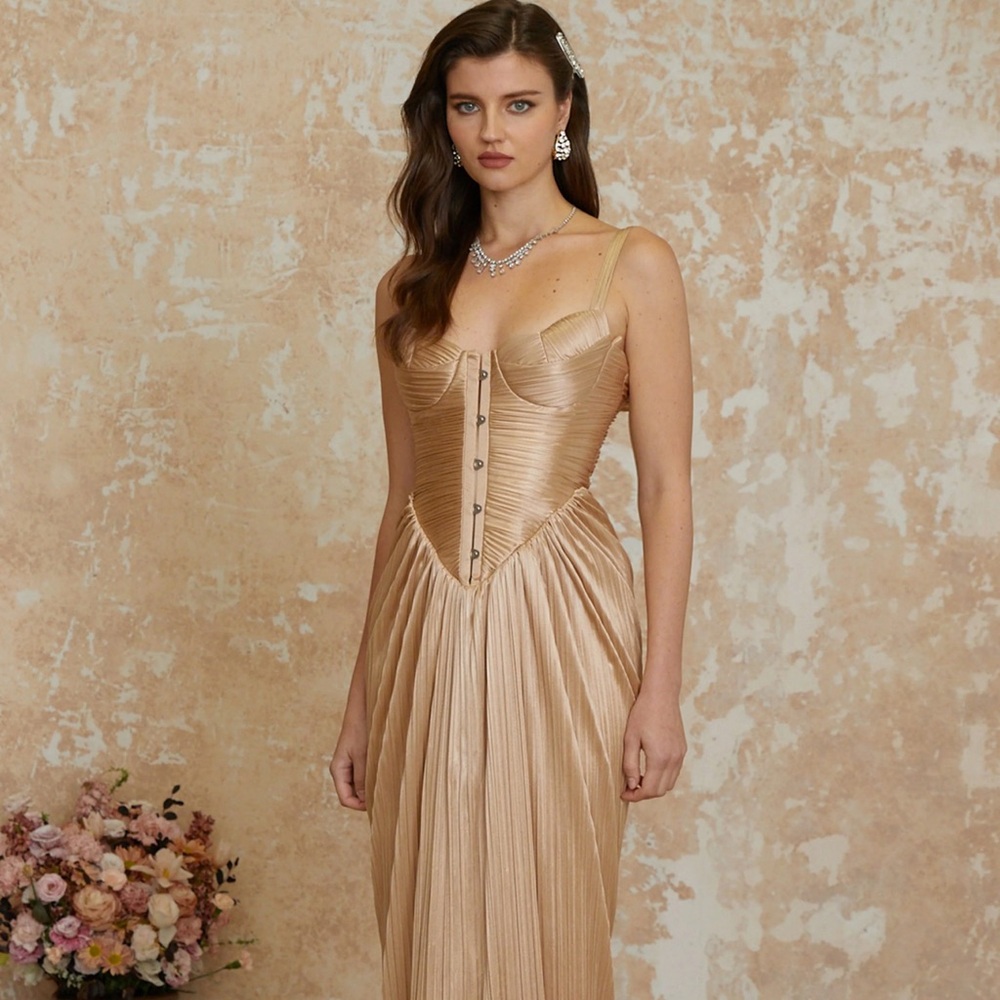 Mrs. Rosier Nicoletta Gold Glossy Pleated Corset Maxi Dress
